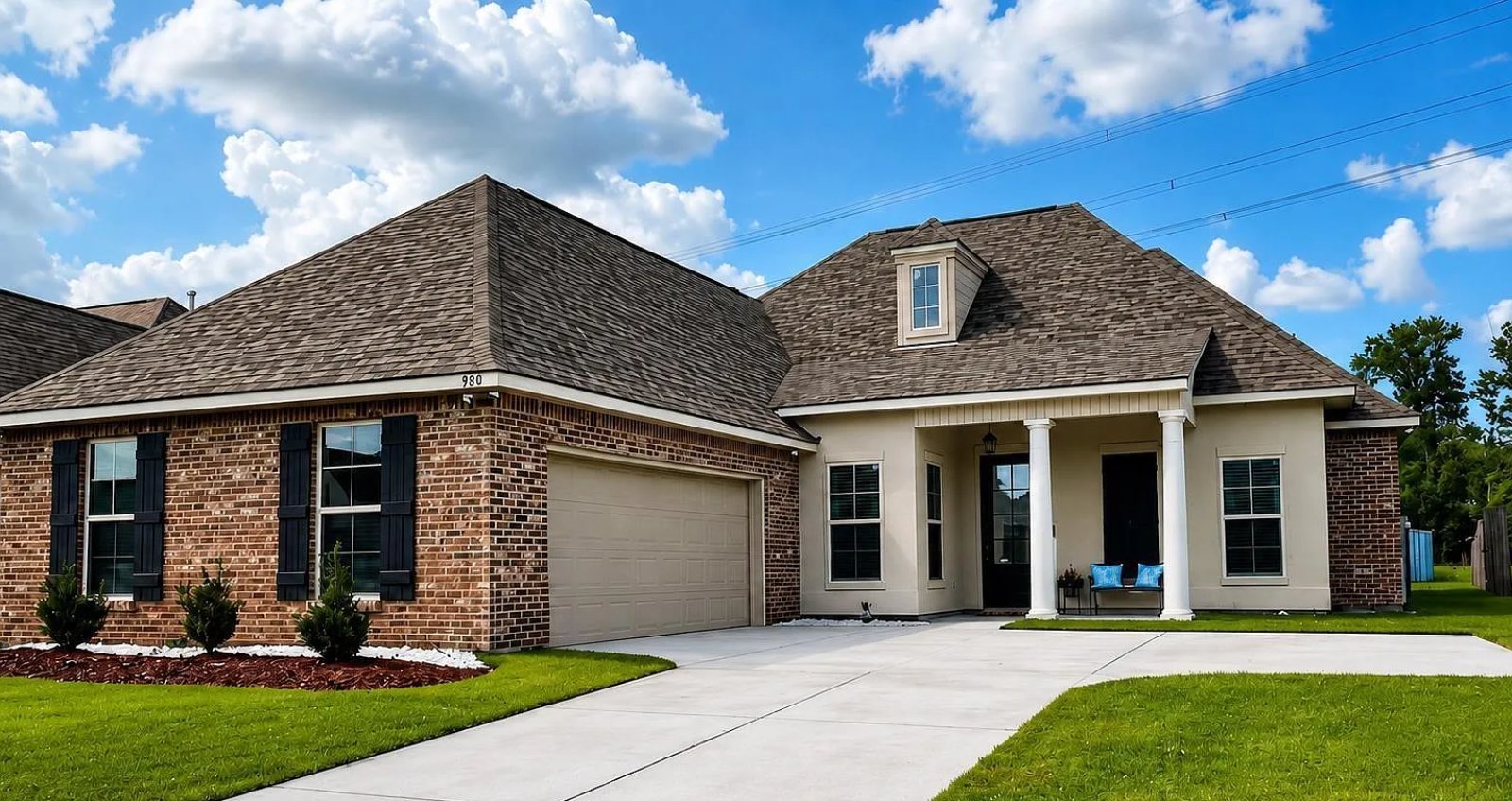 One-story brick home with a two-car garage and covered front porch in Gonzales, Louisiana